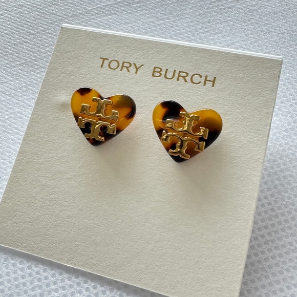 Tory Burch Logo Heart Stud Earrings, Tortoise and Yellow Gold Colors. New! - Picture 1 of 8